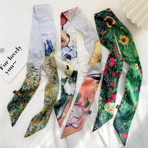 Oil painting art small ribbon small silk scarf women's spring and summer narrow fashion hairband hair tie bag decoration long scarf