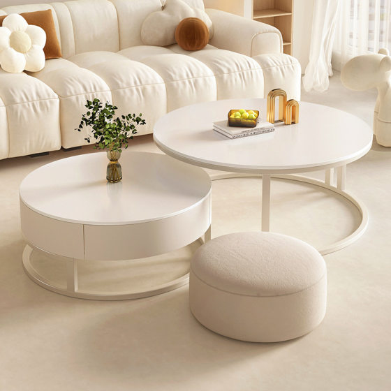 Cream Style Coffee Table Living Room Home Light Luxury Modern Simple 2023 New Small Apartment Round Rock Plate Tea Table