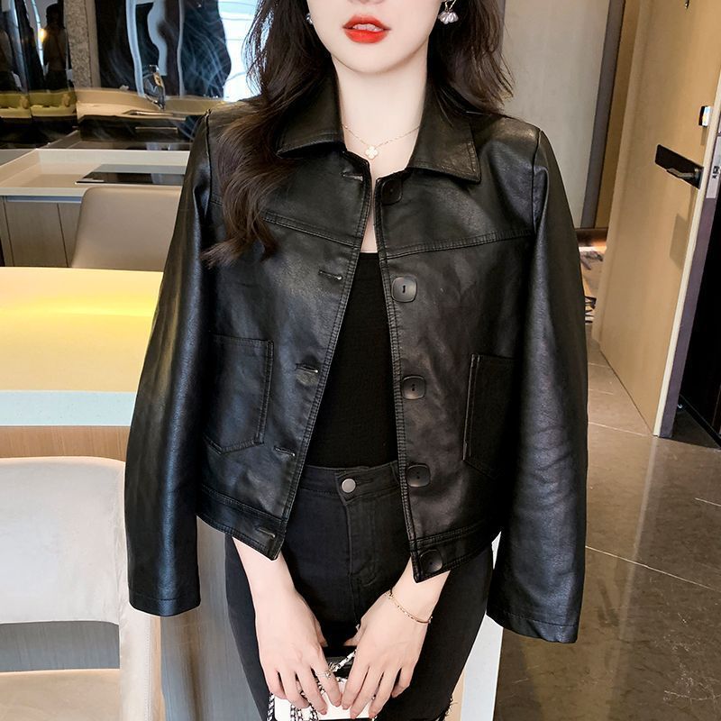 Haining High-End Leather Jacket for Women, Spring and Autumn Short Versatile Petite Black Leather Motorcycle Jacket Stylish Top