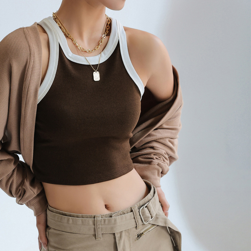 Q selecciona cuidadosamente una camisola básica versátil con parte inferior corta roscada de color contrastante para que las mujeres usan ropa exterior interior y sin mangas