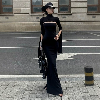 欧美高级黑色修身鱼尾裙高领镂空开叉显瘦长裙连衣裙生日礼服裙