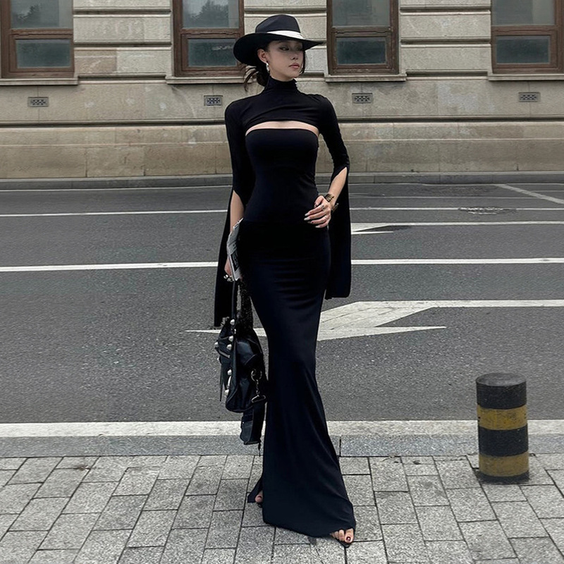European and American Niche Design High-End Black Slim Fishtail Skirt High-Neck Cut Out Slit Slim Long Skirt Dress