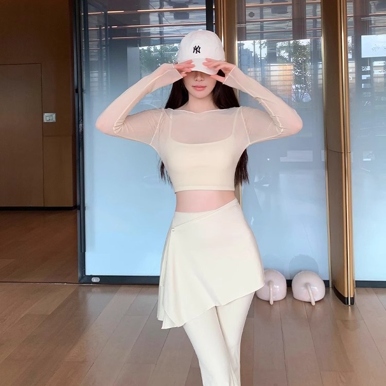 Fake Two-Piece Mesh Sports T-Shirt with Wood-Ear Long-Sleeved Yoga Suit suit Women's Detachable Apron Flared Pants Two-Piece Set