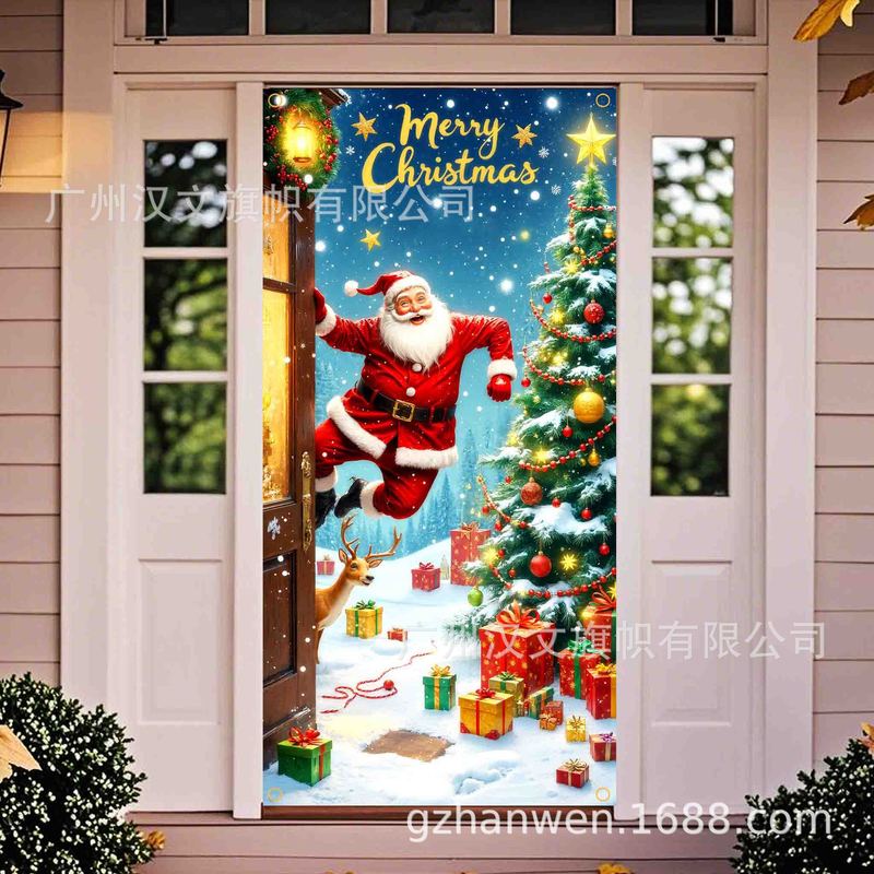 新しいクリスマスドアカーテン、サンタクロースが祝うお祭りの雰囲気の装飾用品、シーンを演出する屋外ドアカバー、祝賀用吊り下げ飾り|undefined
