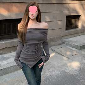 设计感不规则一字肩长袖恤女秋冬小众褶皱修身显瘦喇叭袖上衣