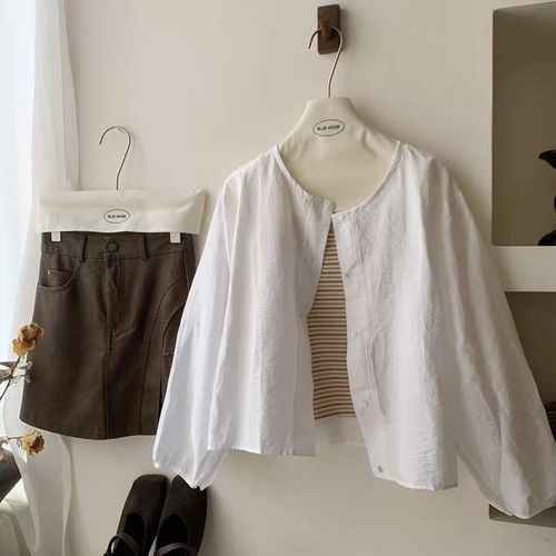 Spring and Autumn Korean version 2025 new small short long-sleeved shirt for women versatile literary and artistic round neck top for women