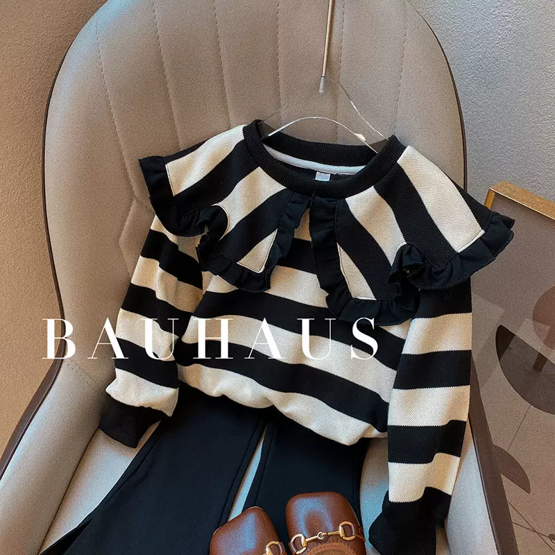 2024春季洋气女童韩版甜美大翻领条纹长袖卫衣+喇叭裤两件套 潮