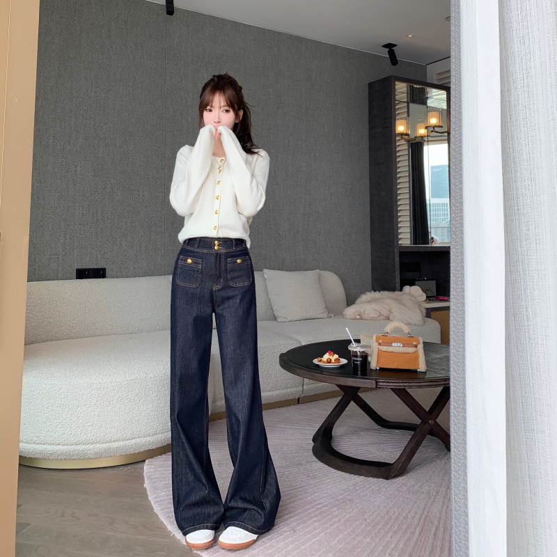 Original Denim Color Gold Buckle Pants, Super Slimming, Great Fit, Blue Straight-Leg Pants, Versatile Casual Wide-Leg Jeans for Women