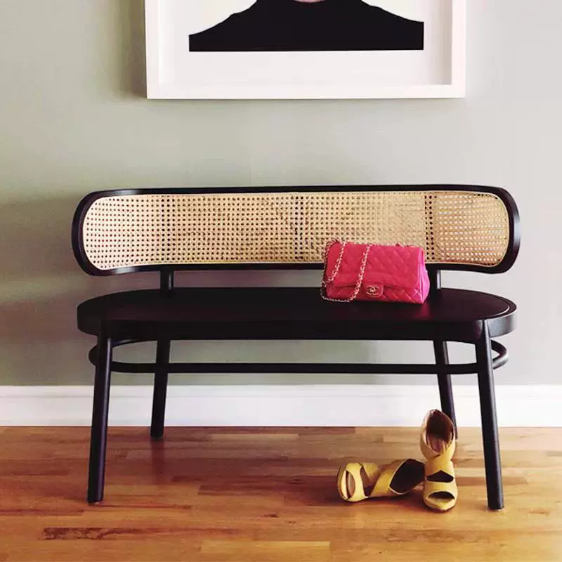 日式实木双人椅复古休闲藤椅原木长板凳民宿阳台家用藤编沙发竹藤