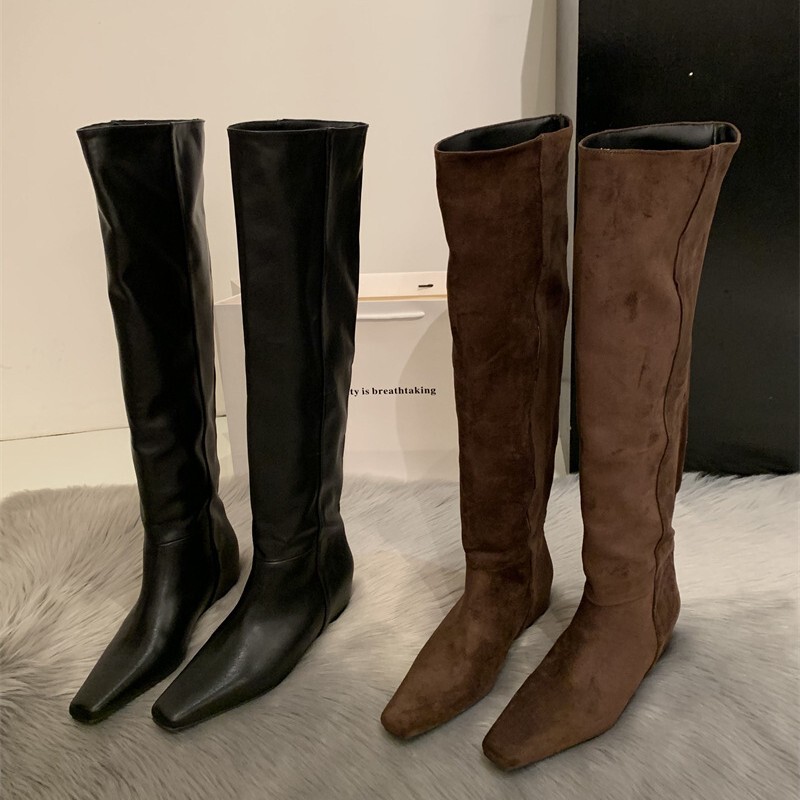 Inner Heightening Knee-High Boots for Women 2025 New Slimming Look Over-The-Knee Boots Square Toe Flats Sleeve Knight Boots