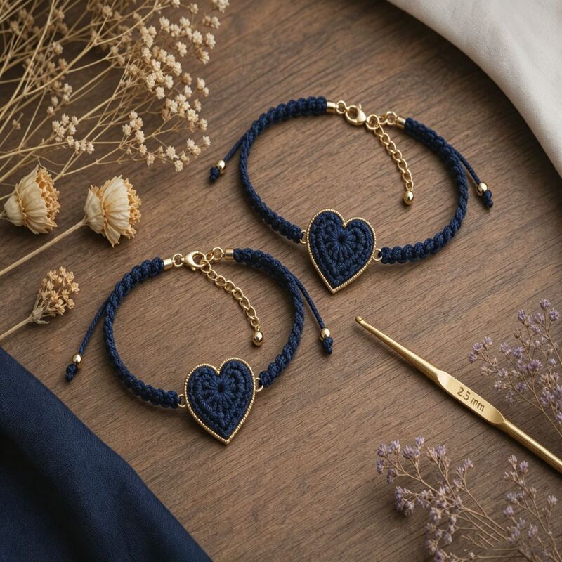 Trendy European and American Style Handmade Crochet Blue Heart Bracelet with Gold Beads, Perfect for a Stylish and Versatile Commute Look Trendy European and American Style Handmade Crochet Blue Heart Bracelet with Gold Beads, Perfect for a Stylish and Versatile Commute Look