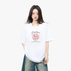 美式230g修身短袖爱心小熊印花T恤女夏季透气显瘦百搭小个子上衣
