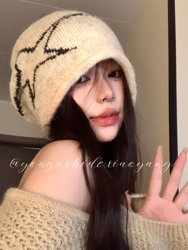 辣妹星星针织冷帽女秋冬韩系复古堆堆帽女护耳保暖百搭大头围包头|undefined