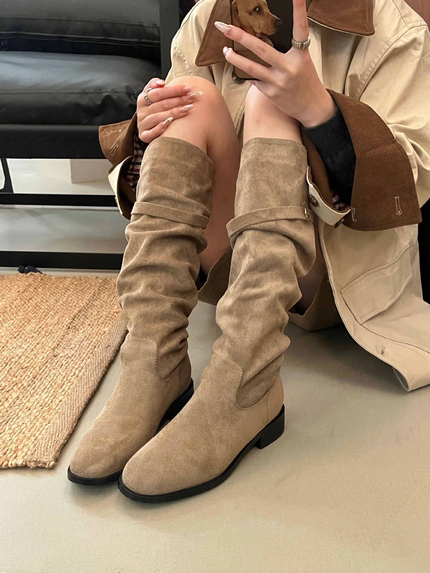 ShoeVault 2024 Chunky Heel Retro Fleece-Lined Coffee Color Riding French Style Slim Bare Autumn Winter Women's Over-the-Knee Boots_voghion.com