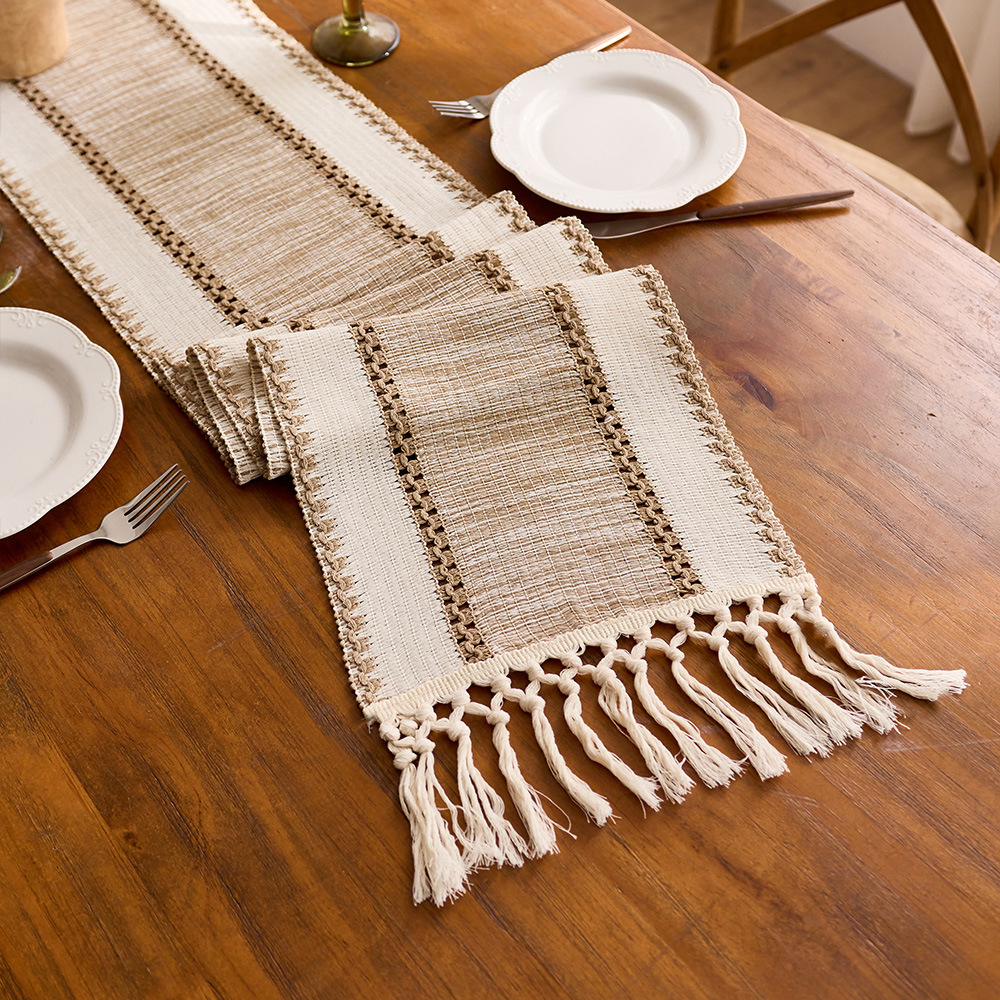 Banderas de mesa anchas de color café transfronterizo, algodón y lino a juego, borlas huecas anudadas, decoración de mesa, mesa de comedor, mesa de centro, armario de zapatos, mantel image 16