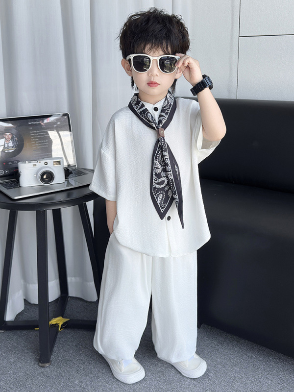 童装男童夏季套装2025新款儿童白色短袖衣服男宝宝夏装帅气衬衫潮|undefined