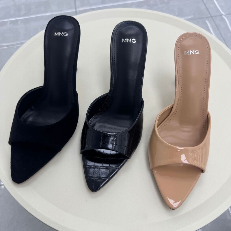 9cm High-Heeled Sandals for Cross-Border Trade, New Summer Model Mng Thin-Heeled Round-Toe High-Heeled Shoes, One-Strap Slip-On Sandals
