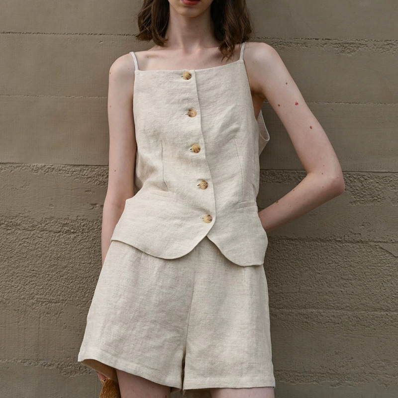 [Fuliya Linen] French Linen Suit Women's New Summer Linen Suspender Top Casual Versatile Linen Shorts