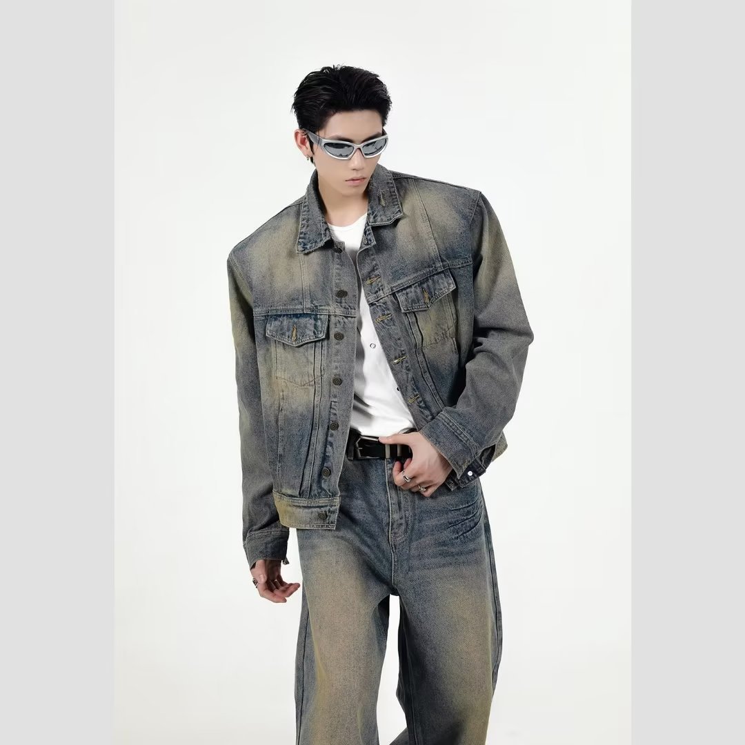 Americano retro nicho retro apenado lavado suelto abrigo Denim de alta calidad traje de Chaqueta corta conjunto completo de los hombres