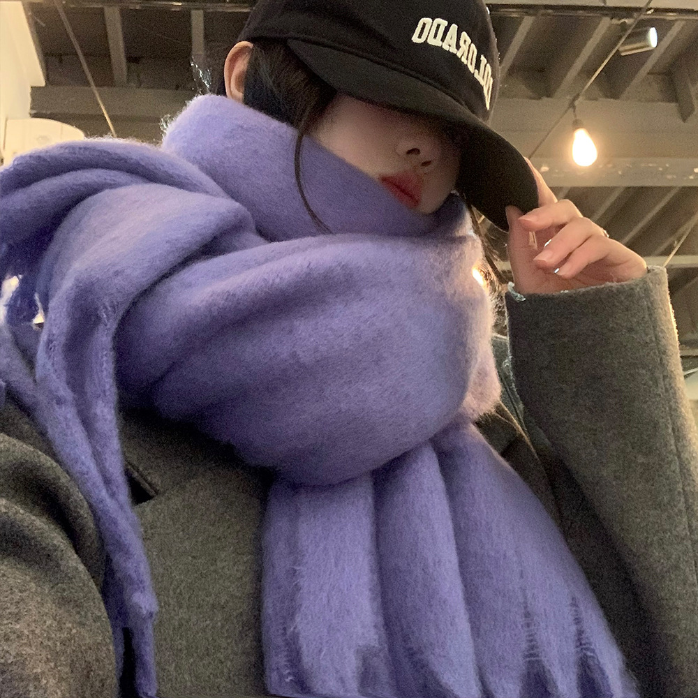 Solid colored mohair women in autumn winter 2024, new versatile scarf for Korean version, high-end and thickened warm_voghion.com