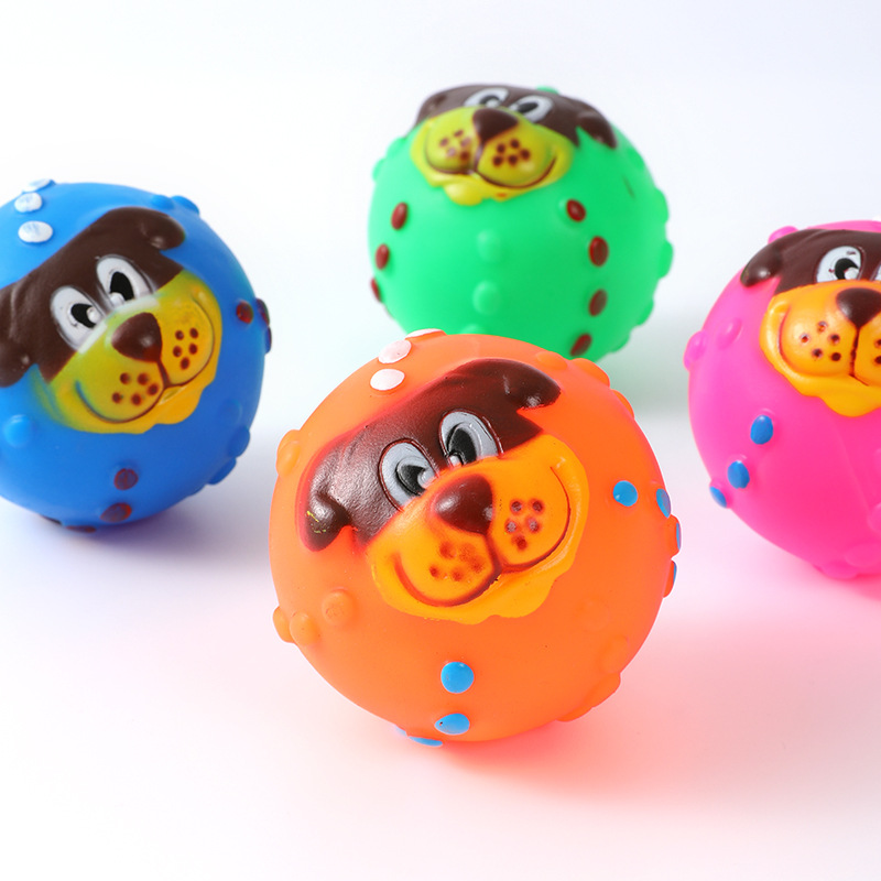 Perros para mascotas Juguetes para gatos Pelota de cara de perro de goma colorida resistente a la mordedura Pelota de sonido Juguetes de sonido Productos para perros de peluche