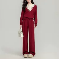 Красный костюм, брюки, стиль высокого качества, французский стиль, западный стиль, стиль Chanel