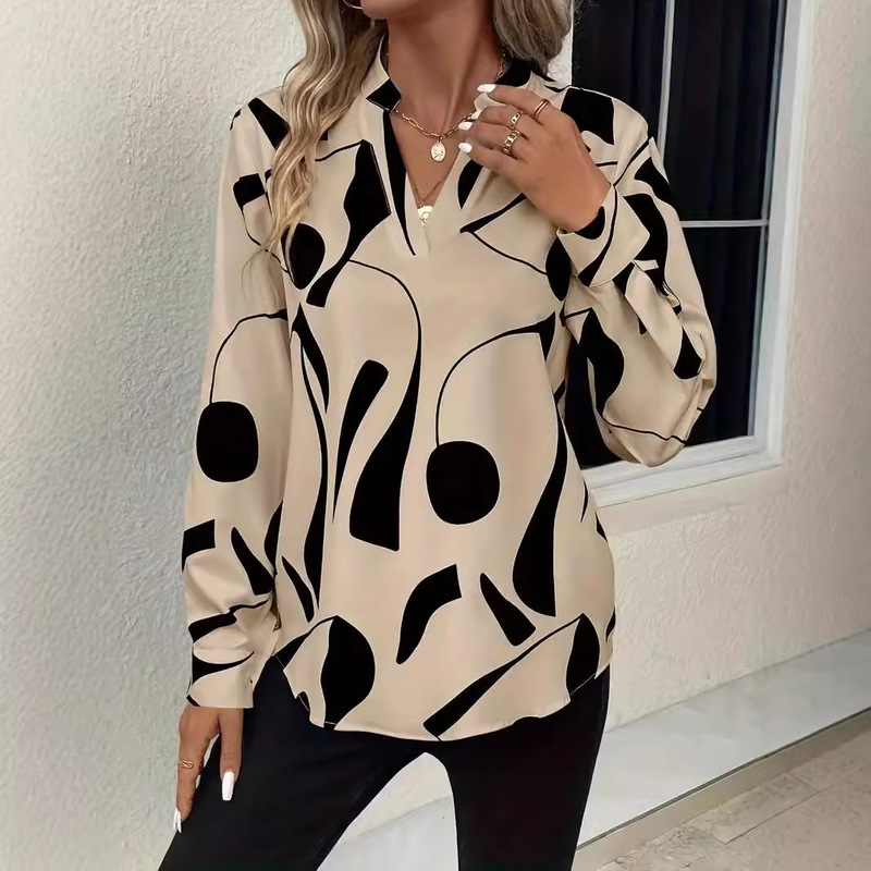 Spot Amazon European and American Cross-Border Wish Export Women's Clothing Printed Notch Collar Shirt Casual Long-Sleeved Loose Shirt
