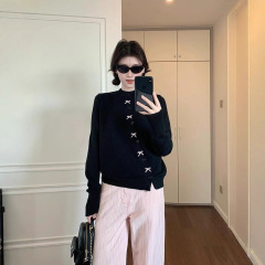 韩系设计感蝴蝶结黑色针织开衫女秋冬毛衣外套高级感内搭打底上衣
