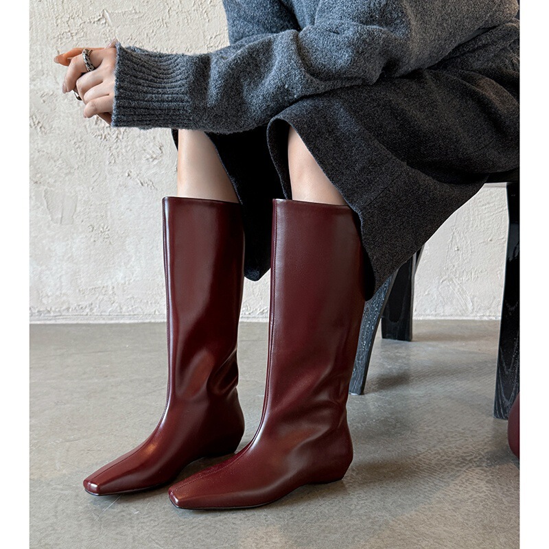 Black Fashionable Versatile Low-Heeled Knee-High Boots 2026 Autumn and Winter New Style Square-Toe Elegant Slip-On Over-The-Knee Riding Boots for Women