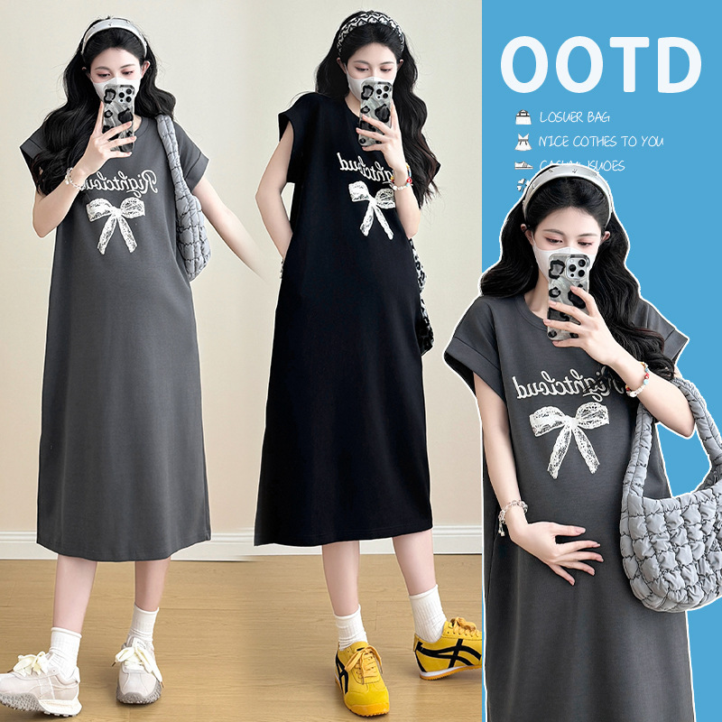 Pregnant Women's Summer Dress Western-style Bow Printed Casual Loose plus size Split T-shirt Skirt Trendy Mom's Belly Covering dress