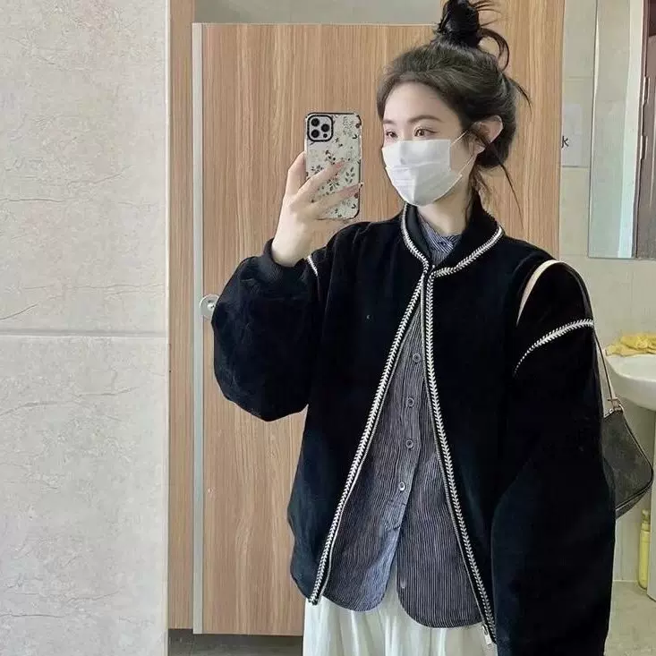 跨境女装秋冬季复古棒球服女韩版宽松加厚开衫上衣黑色夹克外套潮