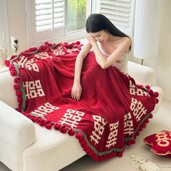 囍字手工针织玫瑰花束毯子结婚订婚送礼毛毯披肩毯休闲设计感盖毯