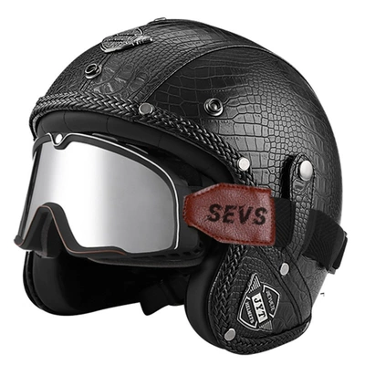 3C/Dot Certified Electric Motorcycle Retro Motorcycle Safety Supplies - 555-leather-helmet-black-crocodile-large-frame-goggles-silver-mirror-s
