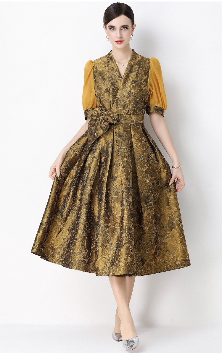 Đầm maxi nữ thắt eo V cổ tay ngắn họa tiết jacquard thanh lịch — màu đen, xanh lam, Màu hồng, màu trắng chi tiết 27