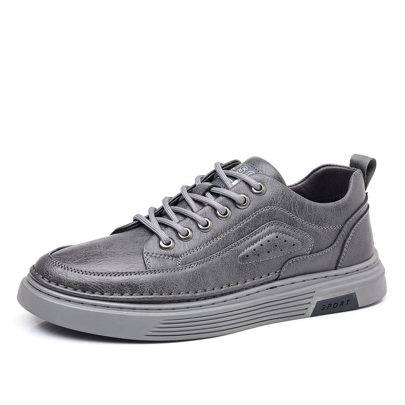Giày da nam công sở cổ thấp đế mềm, giày sneaker da bò phối dây buộc, gót thấp 1–3 cm — GX2033 màu trắng, GX2033 màu xám