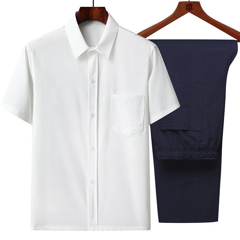 Summer Middle-Aged and Elderly Men's Ice Silk Short-Sleeved Shirts Loose Lapel Tops Middle-Aged and Elderly Thin Grandpa Shirts
