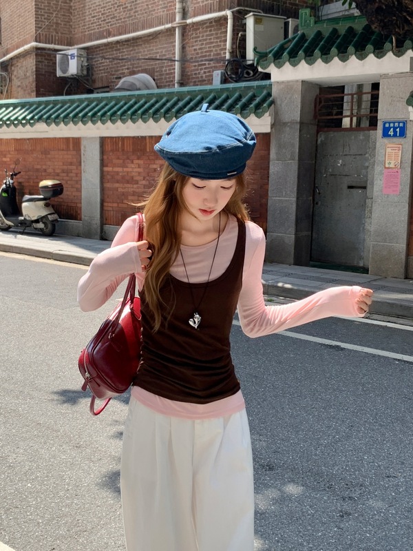 撞色长袖t恤女秋季外穿2025新款韩系叠穿吊带背心假两件修身上衣|undefined