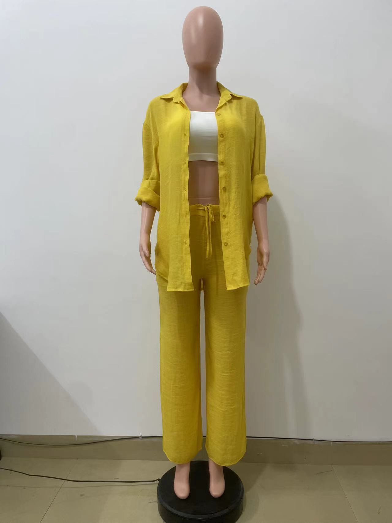 Women Clothing Spring Autumn Casual Long Sleeve Shirt Straight Leg Pants Two Piece Set