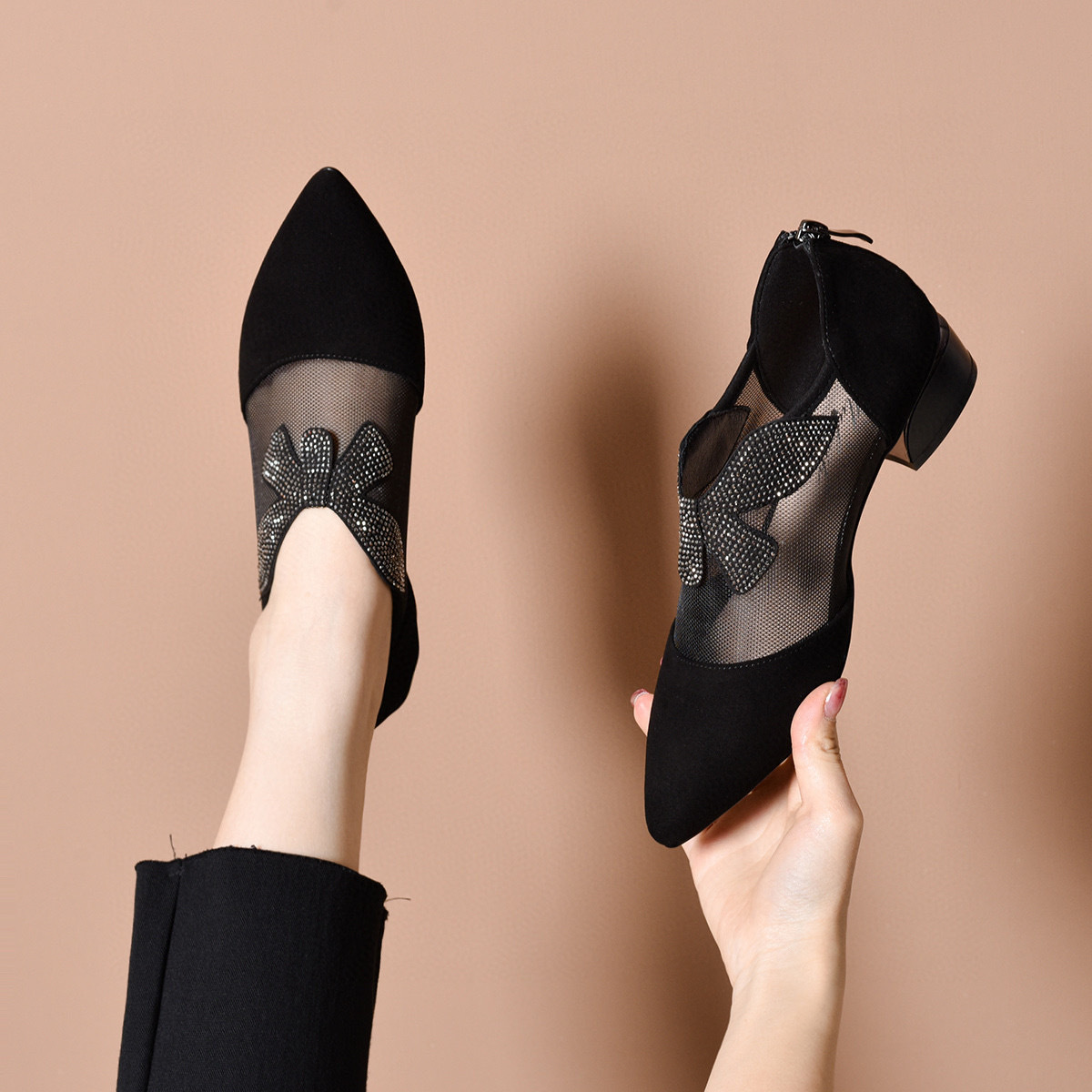 Giày sandal nữ mũi nhọn da thật lưới đính đá gót vuông 3 cm thoáng khí — Đen--3CM chi tiết 6