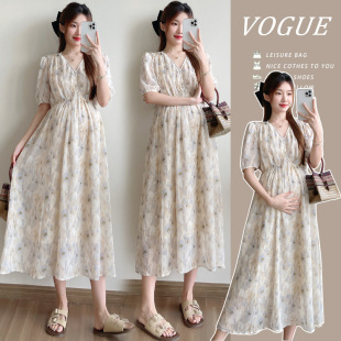 in stock Pregnant Women's Summer Chiffon Printed dress Loose Short-sleeved V-neck plus size dress