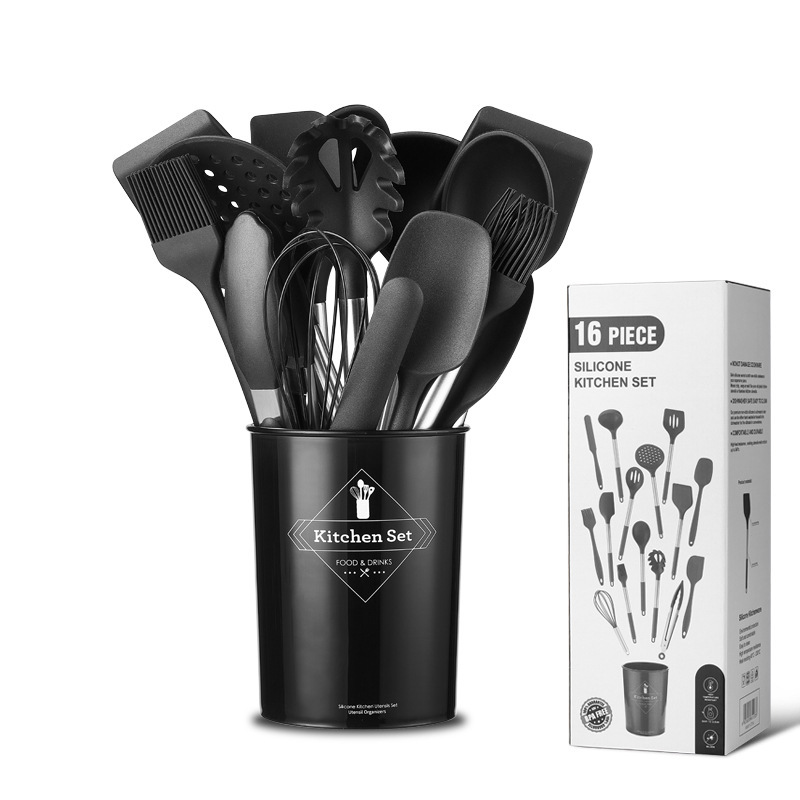 Juego de utensilios de cocina de silicona de cocina transfronteriza, mango de acero inoxidable, utensilios de cocina de silicona, cuchara de cocina, pala, suministro directo de fábrica de grado alimenticio