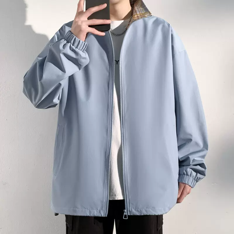 格纹拼接立领夹克男春秋季美式潮牌防风防水高街痞帅防风情侣外套