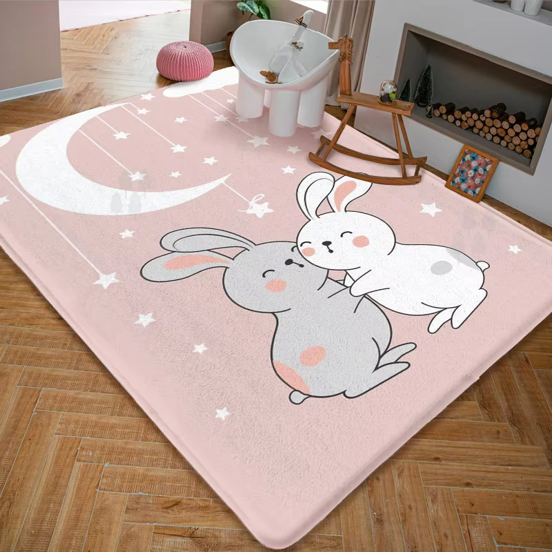 만화 거실 바닥 매트 먼지 방지 및 핑크 토끼 매트 넓은 지역 전체 확산 미끄럼 방지 침실 담요