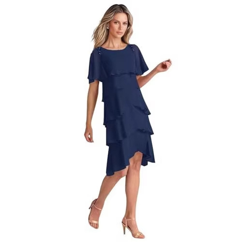 Cross-Border European and American Women's Clothing Retro Dress New Fashion Short-Sleeved Slim Long Dress Chiffon Layered Formal Evening Dress