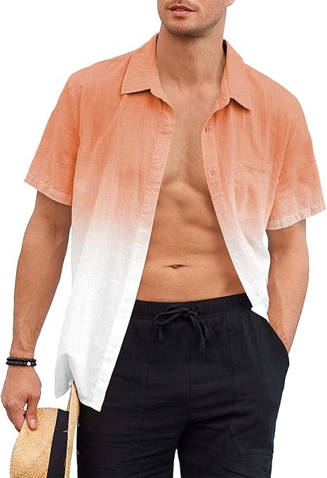 Men's Clothing Men's Gradient Short Sleeve Shirt Summer Casual Breathable Top Cotton Linen Texture For Formal & Casual_viptrois.com
