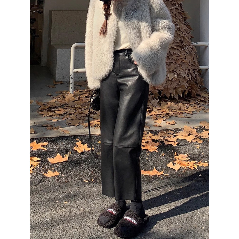 高腰pu皮九分直筒皮裤女2025秋冬新款柔软宽松显瘦休闲阔腿裤子潮