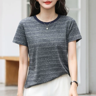 条纹短袖T恤女2025夏季新款时尚撞色宽松显瘦大码正肩上衣休闲