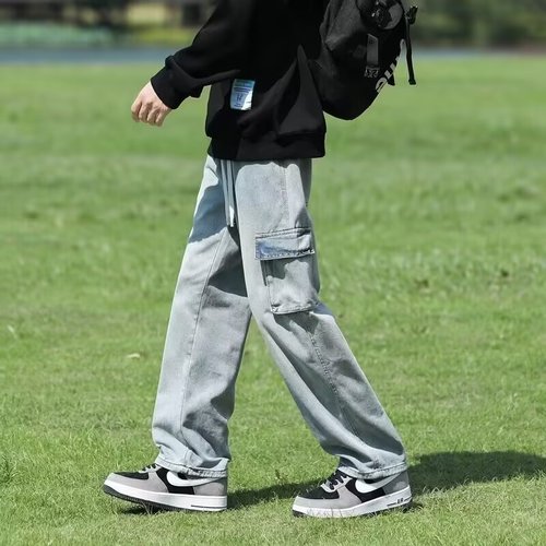 Cotton Smoke Grey Workwear Jeans Men's Spring and Autumn Season Floor-Length Straight Leg Long Pants with Multiple Pockets Vibe Pants