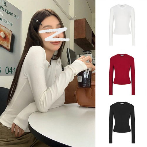 Women's Long-Sleeve Slimming T-Shirt, Solid Color Round Neck Top for Summer and Autumn, Southeast Asian Style, Instagram Inspired