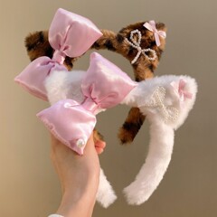 甜酷豹纹结kitty猫耳朵毛绒发箍女可爱卡通发卡洗脸头箍秋冬